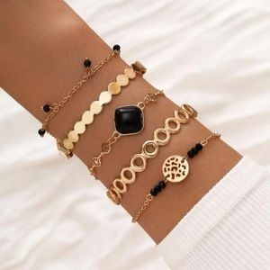 5 Piece Boho Style Beaded Black,Gold, & Pearl Bracelets-Perfect Stackable Sets
